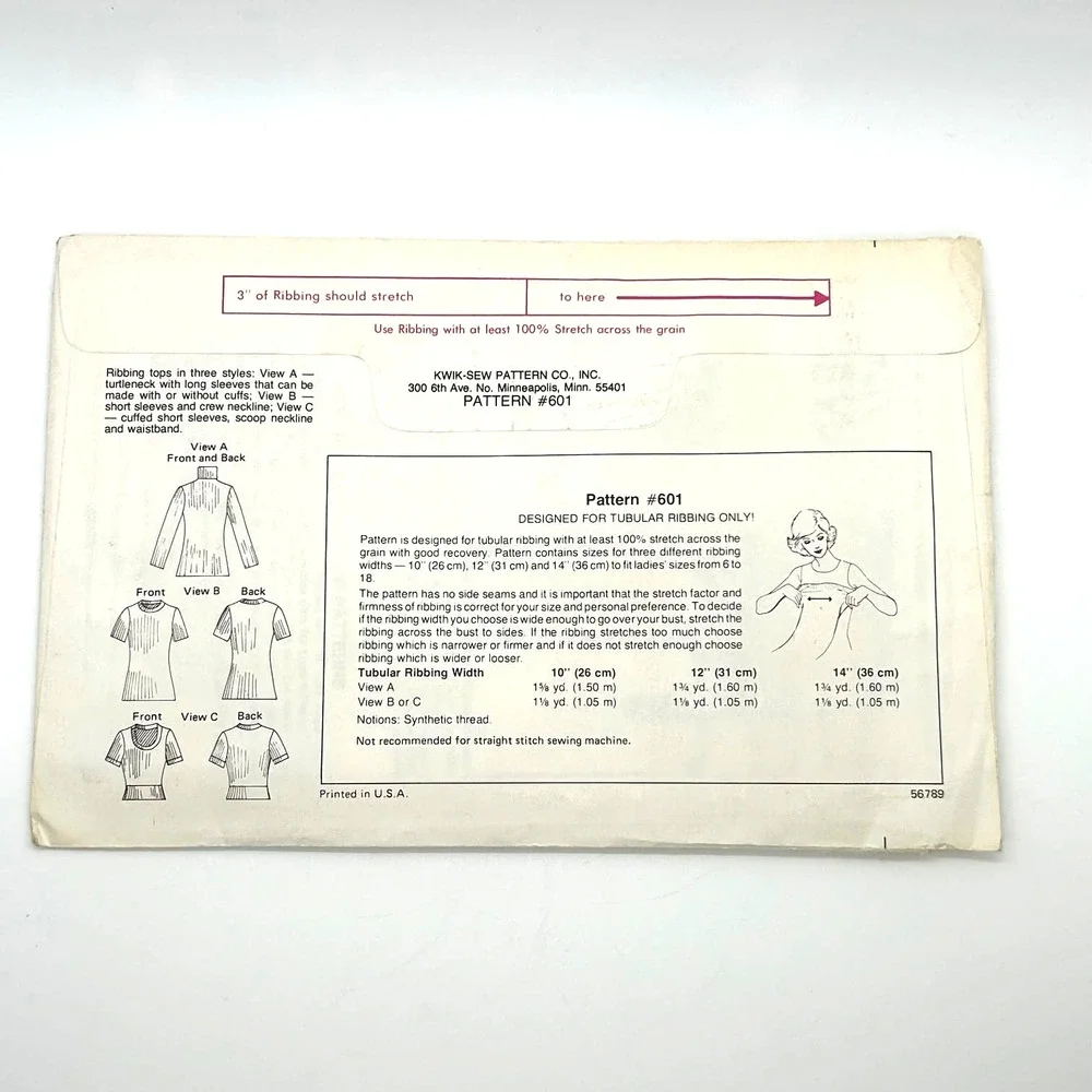 Kwik Sew Vintage‎ Retro 1970's Pattern #601 Ribbing Tops 3 Styles Size 6-18